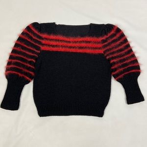 Vintage Sweater ribbed cable knit 3/4 length puff sleeve red angora stripe Sz S